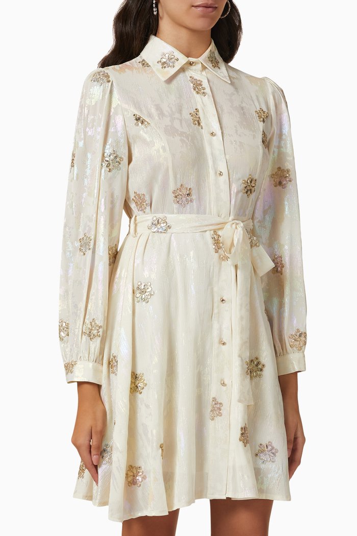 

Sequin Embroidered Belted Dress, Neutral