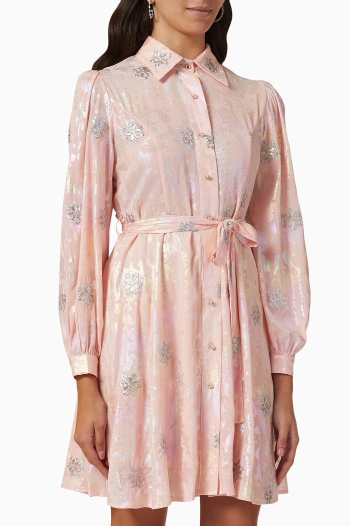 

Sequin Embroidered Belted Dress, Pink