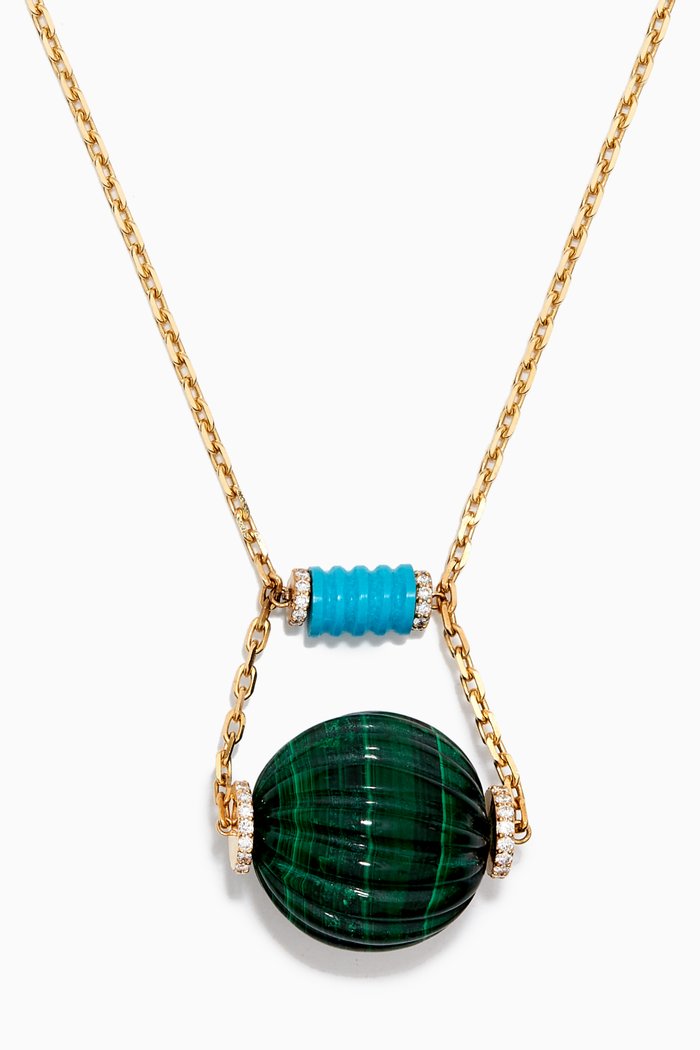 

Large Malachite Ball & Turquoise Cylinder Diamond Necklace in 18kt Yellow Gold