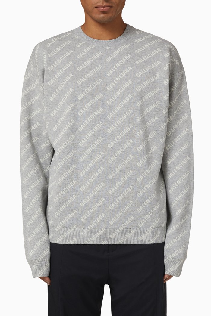 

All-Over Logo Crewneck Sweater in Wool & Cotton, Grey