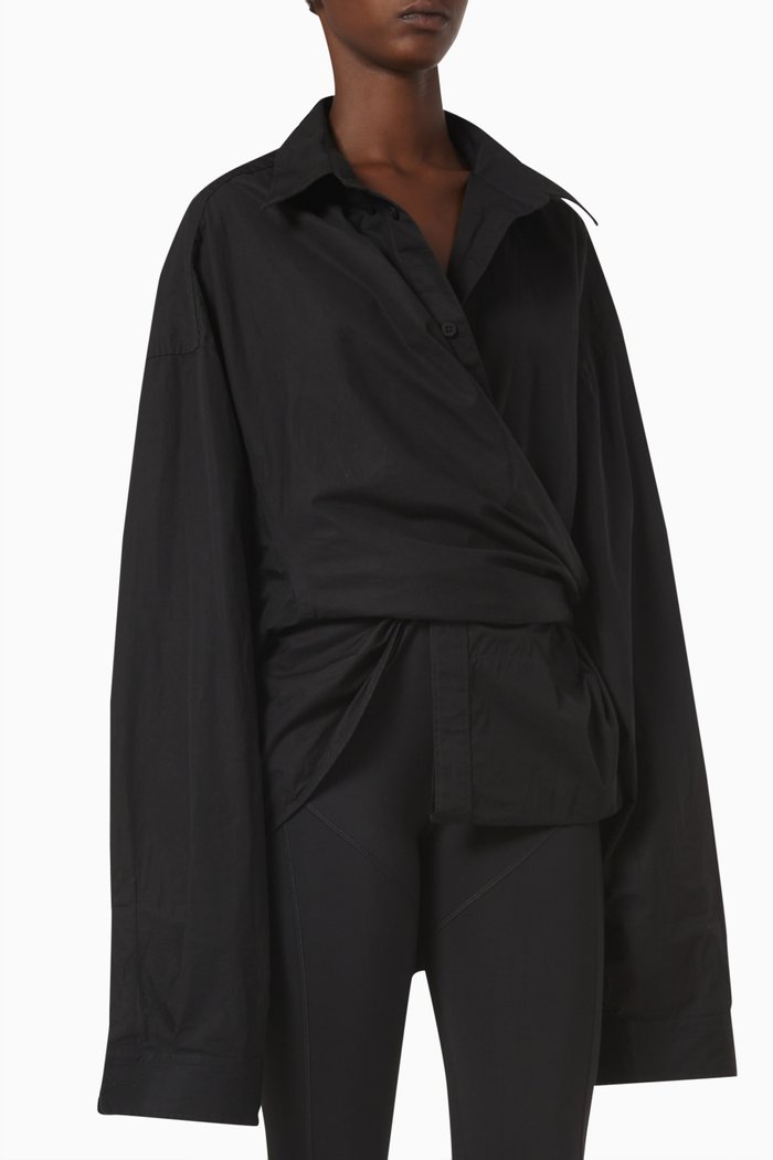 Wrap Shirt in Cotton Poplin, Black
