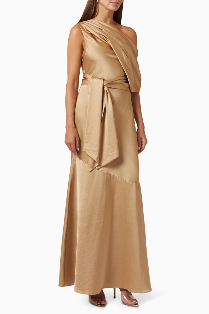 

Erika Off-shoulder Dress in Satin, Brown