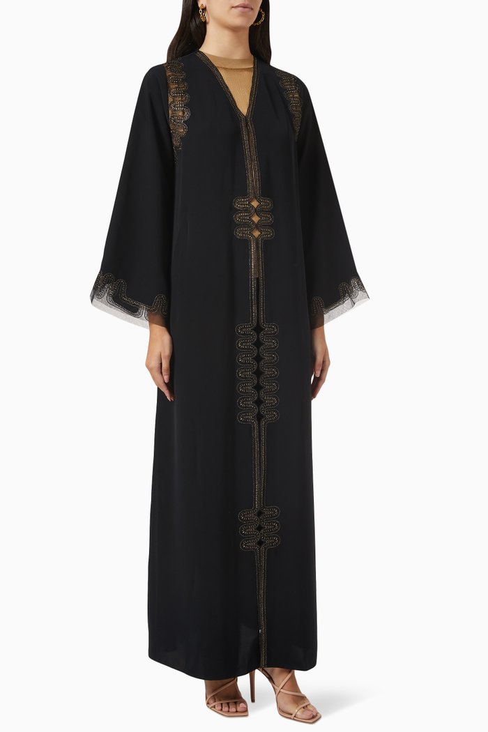 

Signature Metallic Cord Embroidered Abaya in Crepe, Black
