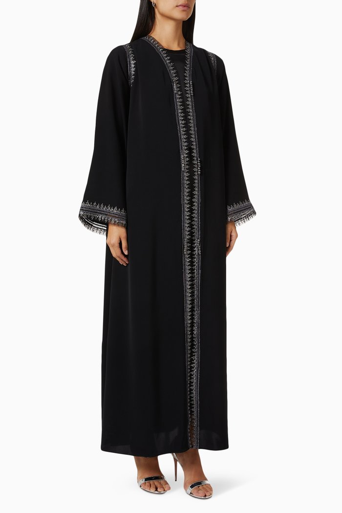 

Signature Moroccan Embroidered Abaya in Crepe, Black