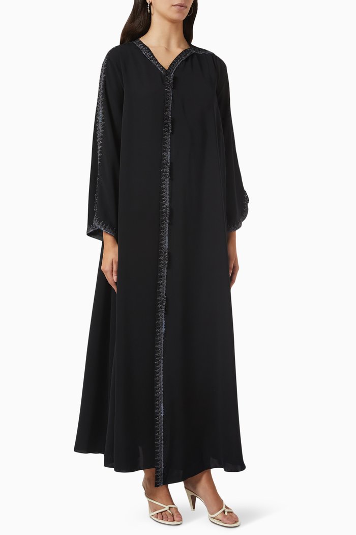 

Moroccan Embroidered Abaya in Crepe, Black