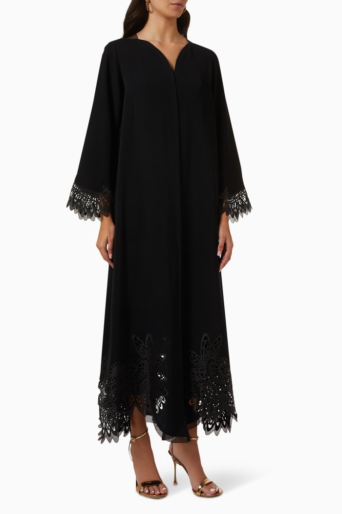 

Abstract Lace Trimmed Abaya in Crepe, Black