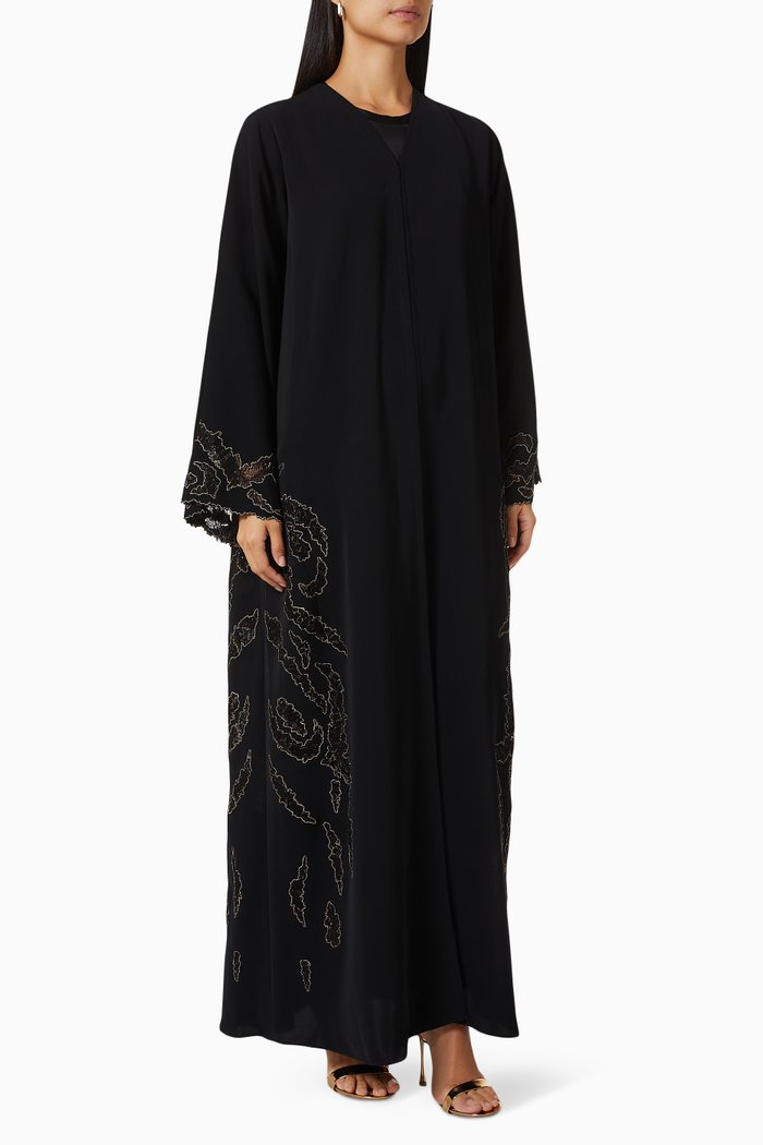 

Signature Laser-cut Abaya in Crepe, Black