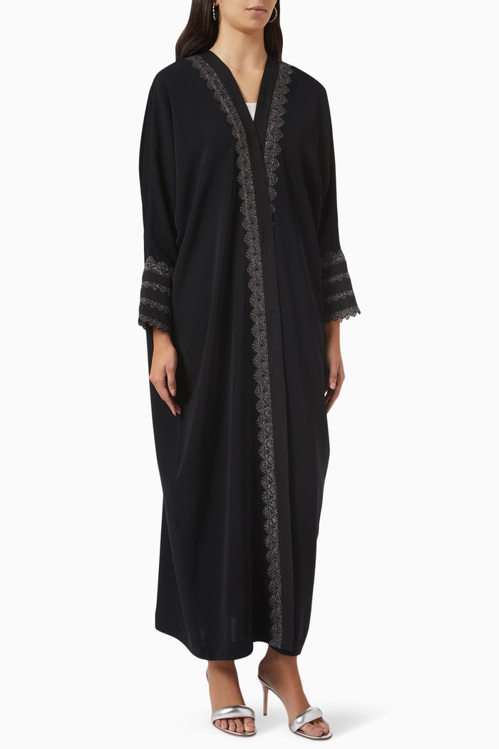 

Metallic Embroidered Abaya in Crepe, Black