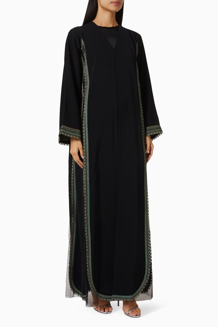 

Geometric Embroidered Abaya in Crepe, Black