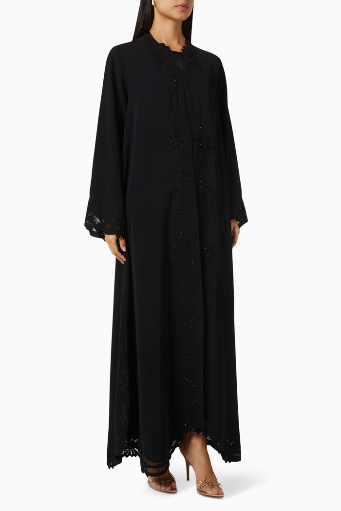 

Laser-cut Embellished Abaya in Crepe, Black
