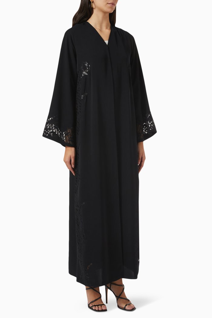 

Laser-cut Embroidered Abaya in Crepe, Black