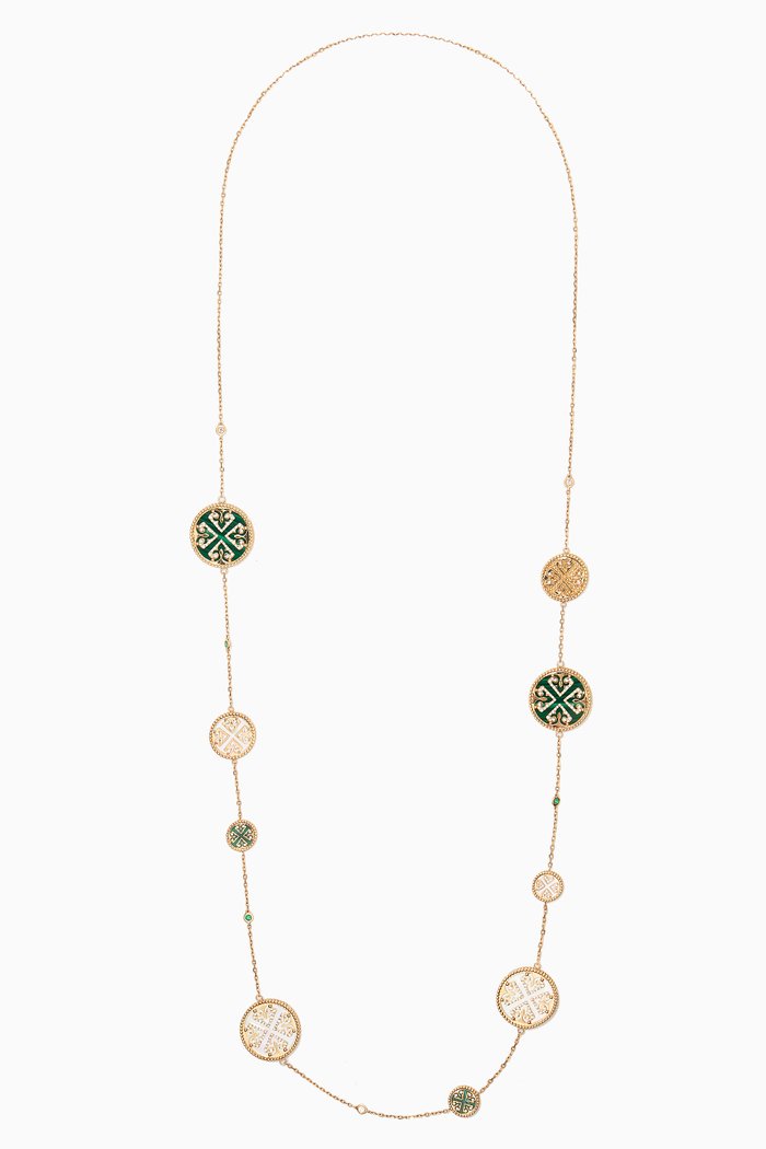 Lace Mixed Motif Malachite, White Mother of Pearl & Diamond Necklace in 18kt Yellow Gold