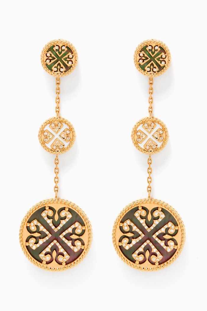 

Lace Medallion Mother of Pearl Drop Earrings in 18kt Yellow Gold
