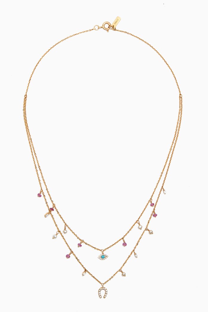 

Pink Sapphire, Pearl & Diamond Charm Necklace in 18kt Yellow Gold