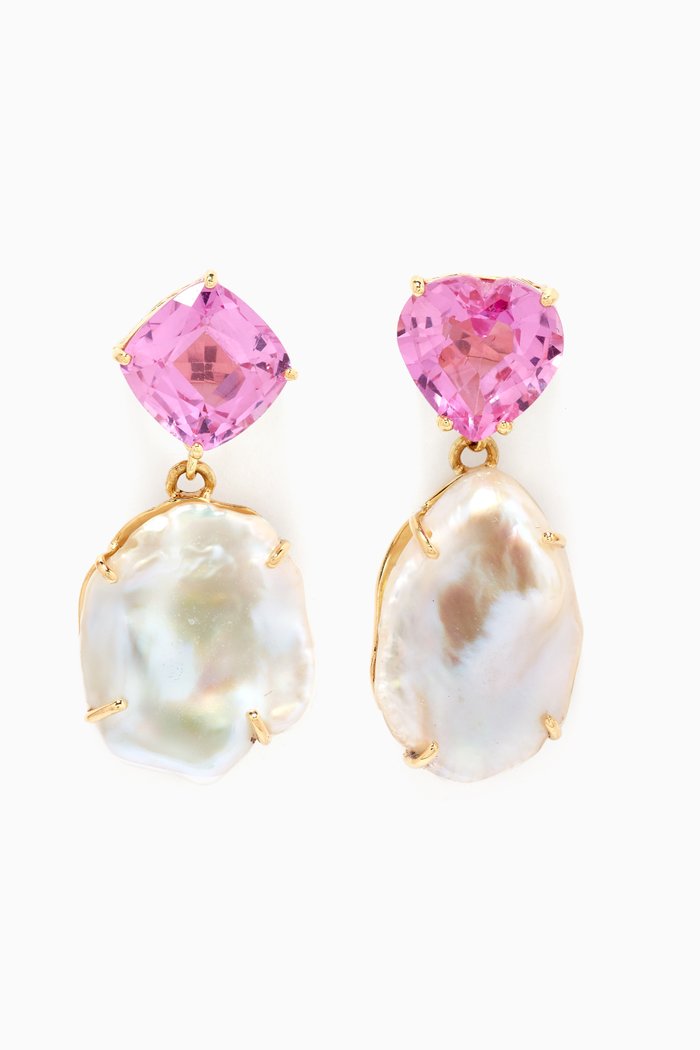 

Pink Topaz & Pearl Drop Earrings in 18kt Yellow Gold