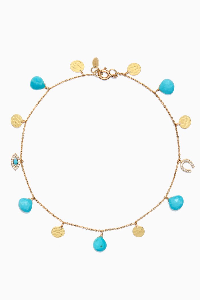 Coin Turquoise & Diamond Charm Anklet in 18kt Yellow Gold