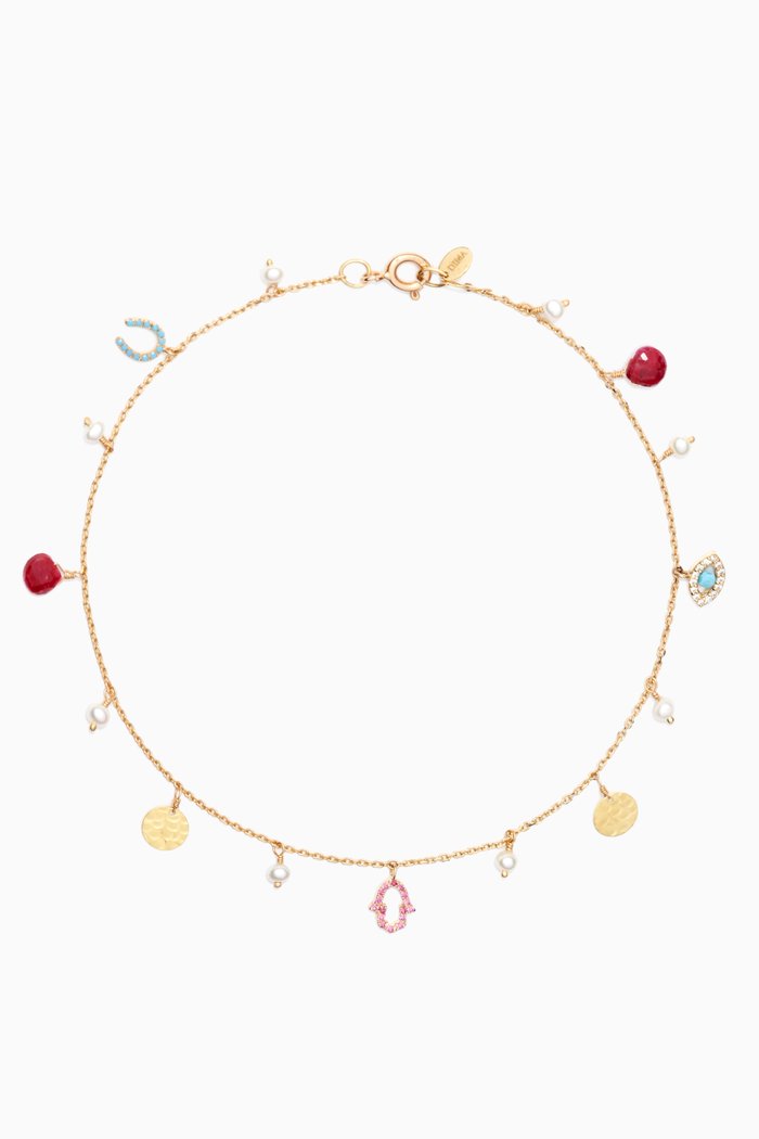 

Coin Pink Sapphire, Pearl & Diamond Charm Anklet in 18kt Yellow Gold