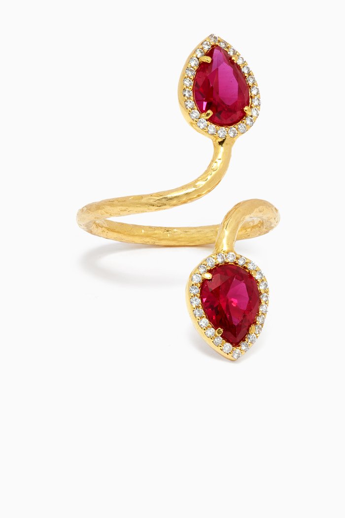 

Double Drop Ruby & Diamond Ring in 18kt Yellow Gold