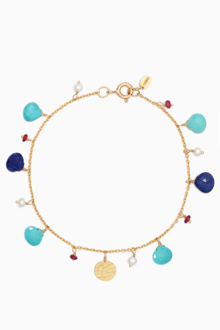 Turquoise, Lapis Lazuli, Ruby & Pearl Bracelet in 18kt Yellow Gold