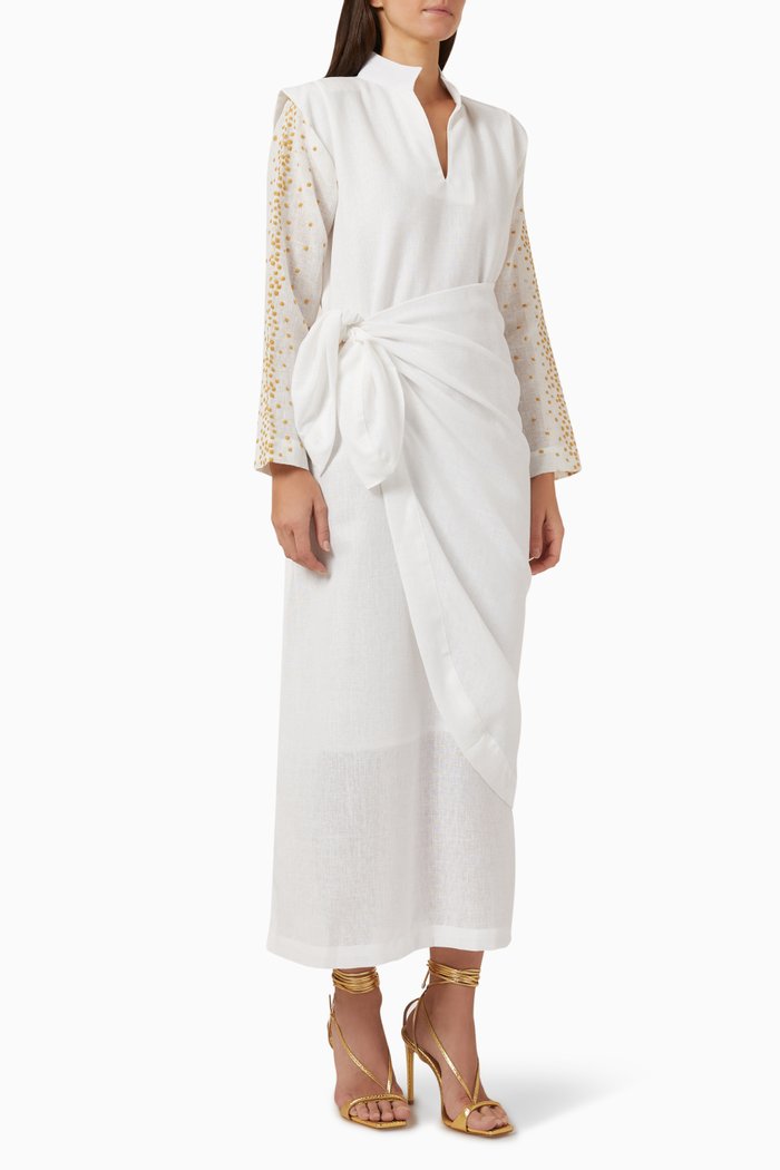 

Scarf-tie Embroidered Midi Dress, White