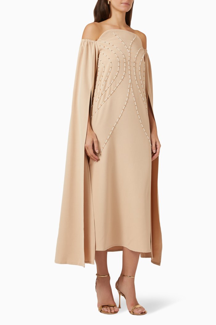 

Off-the -shoulder Embellished Midi Dress, Neutral