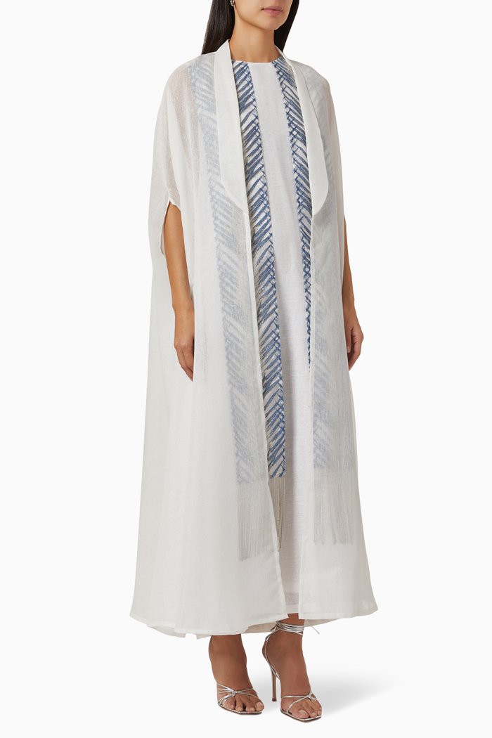 Embroidered Midi Dress Set in Linen, White
