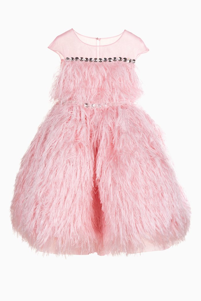 

Feather Embellished Gown in Tulle, Pink