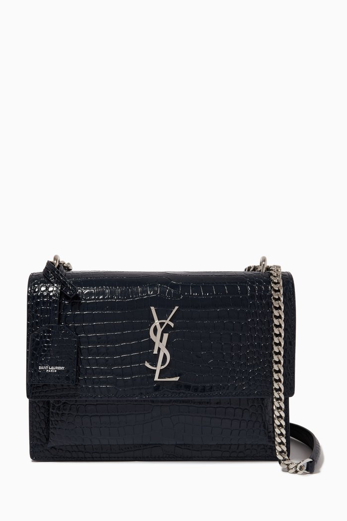 

Sunset Medium Chain Bag in Crocodile-embossed Leather, Blue