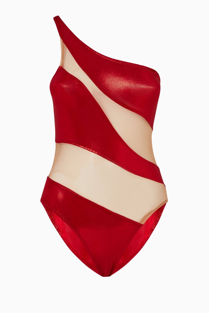 

Snake Mesh Mio Foil One-piece Swimsuit, Red