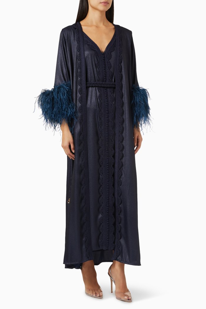 

Feather Trim Kaftan & Dress Set, Blue