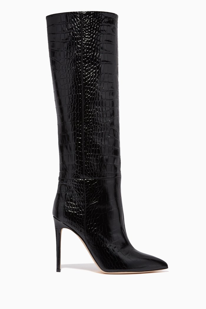 

Knee-high Boots in Croc-embossed Leather, Black