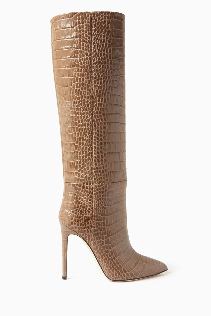 

105 Knee-high Boots in Crocodile-embossed Leather, Brown