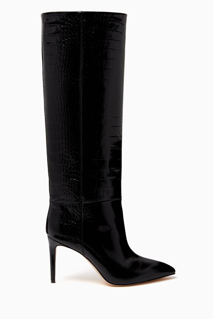 

85 Knee Boots in Croc-embossed Leather, Black