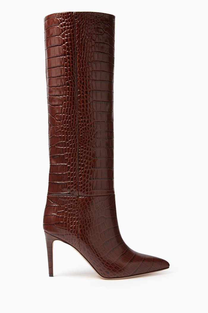 

85 Knee Boots in Croc-embossed Leather, Burgundy