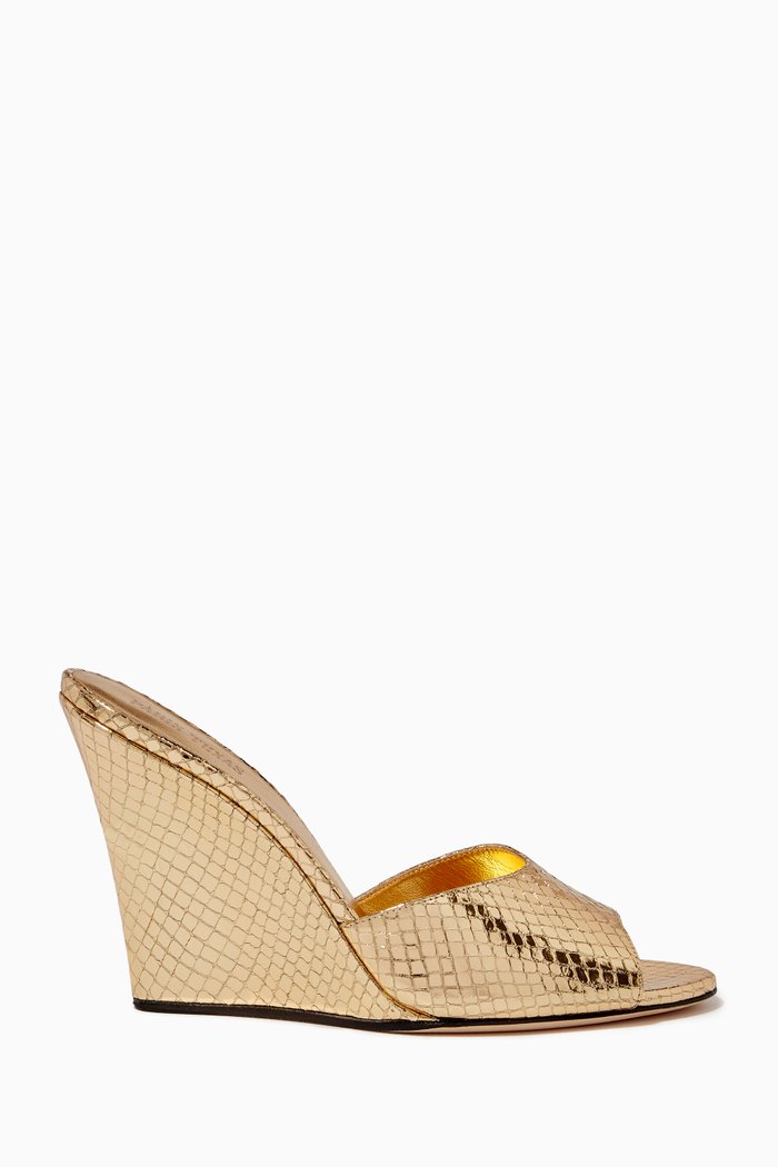 

Wanda Wedge Mules in Metallic Leather, Gold