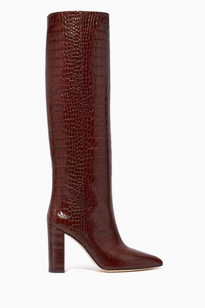 

Knee Boots in Croc-embossed Leather, Brown