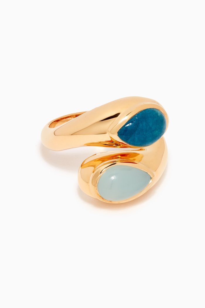 

Good Vibes Quartz & Calcedony Crossover Ring in 18kt Recycled Gold-plated Brass, Blue