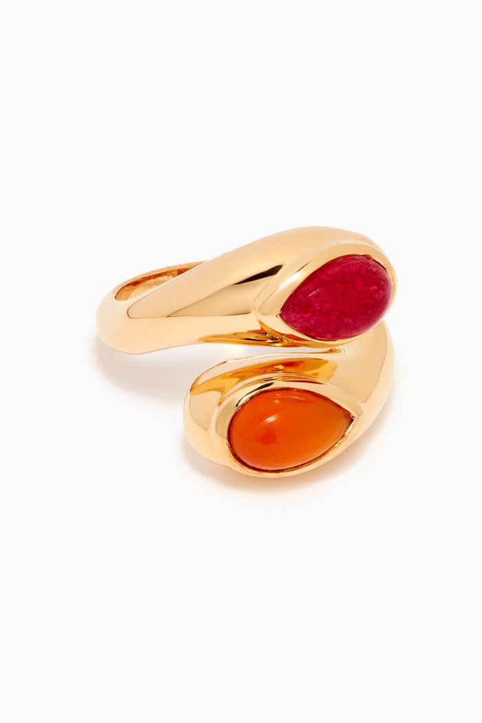 

Good Vibes Quartz & Calcedony Crossover Ring in 18kt Recycled Gold-plated Brass, Multicolour