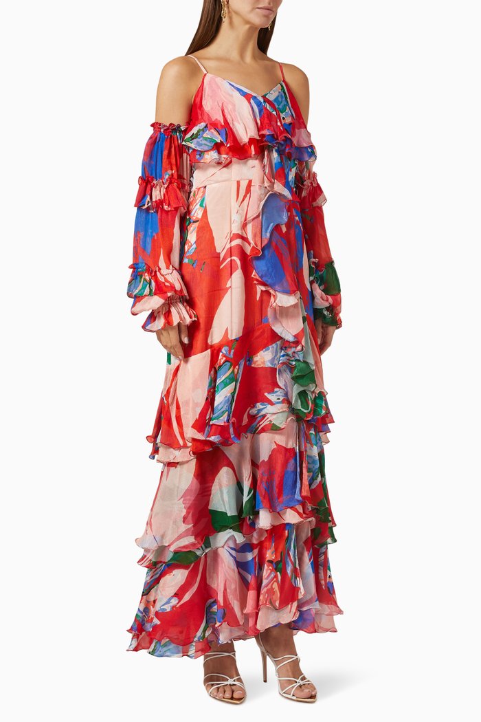 

Printed Layered Long Dress in Chiffon, Red