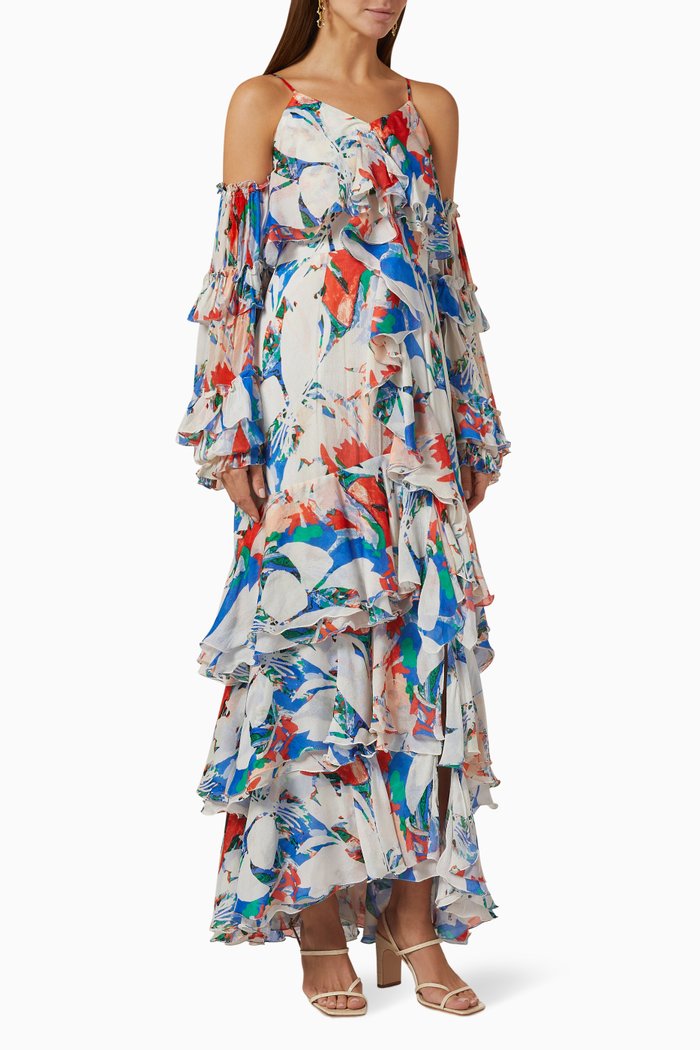 

Printed Layered Maxi Dress in Chiffon, Multicolour