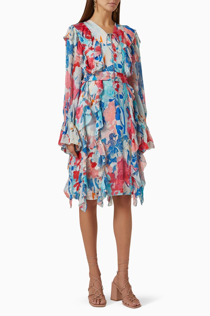 

Frilled Mini Dress in Chiffon, Blue