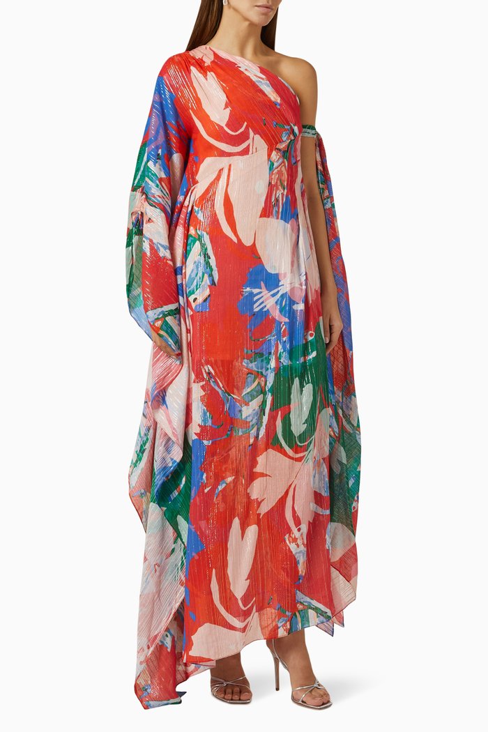 One-shoulder Kaftan in Cotton Lurex, Red