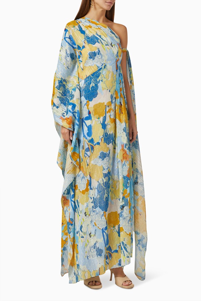 

One-shoulder Kaftan in Cotton Lurex, Blue