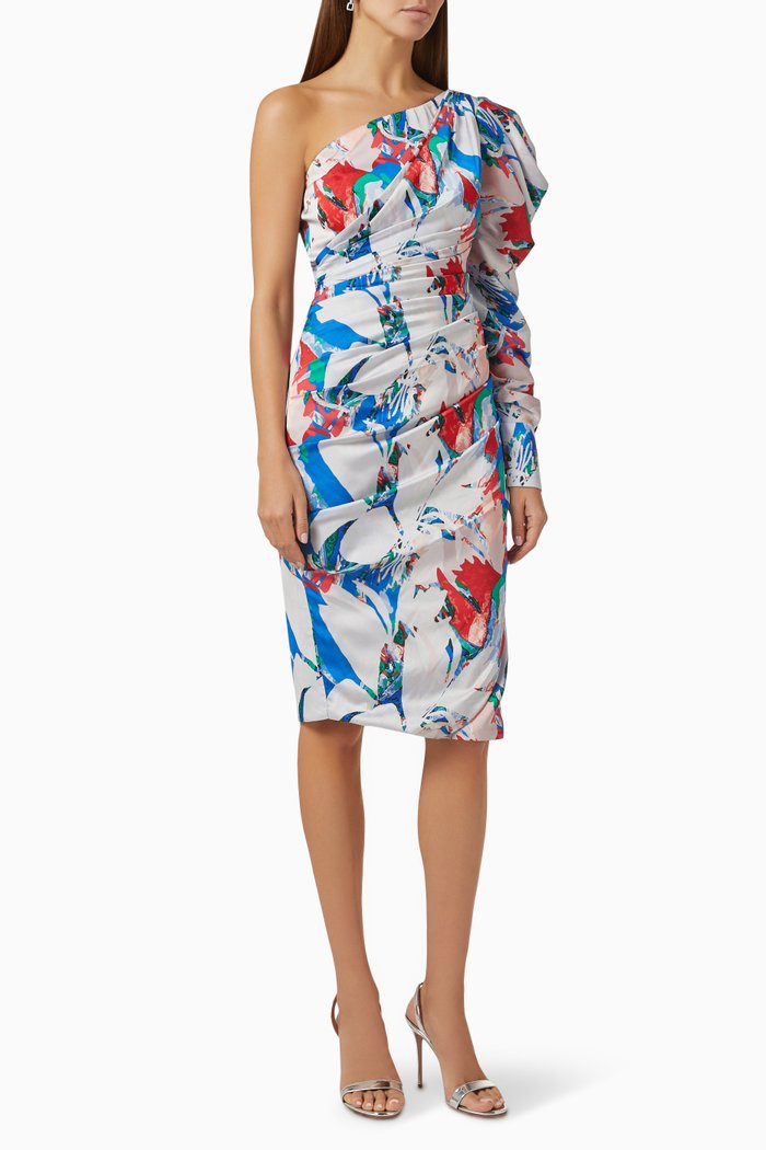One Shoulder Draped Dress in Satin, Multicolour