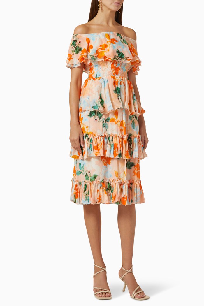 

Off-shoulder Tiered Dress in Chiffon, Orange
