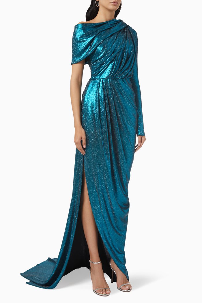 

Maxi Draped Dress in Metallic Fabric, Blue