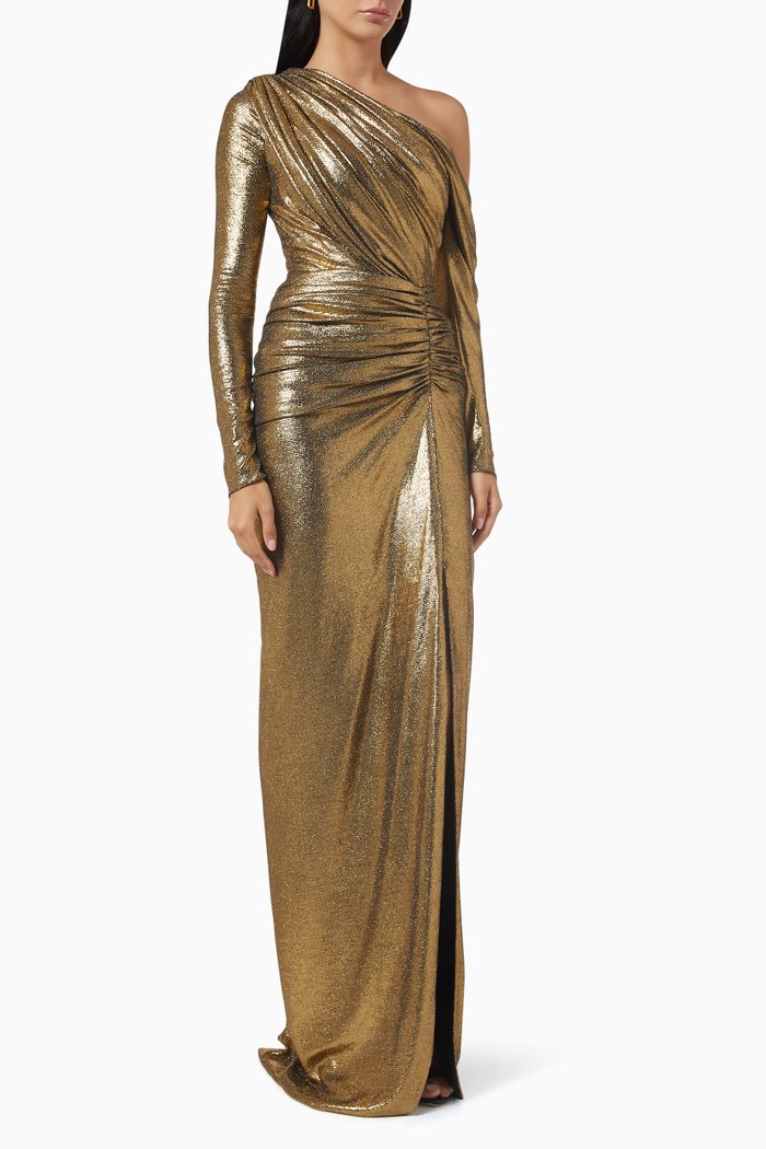 

Ruched Maxi Dress in Metallic Fabric, Gold