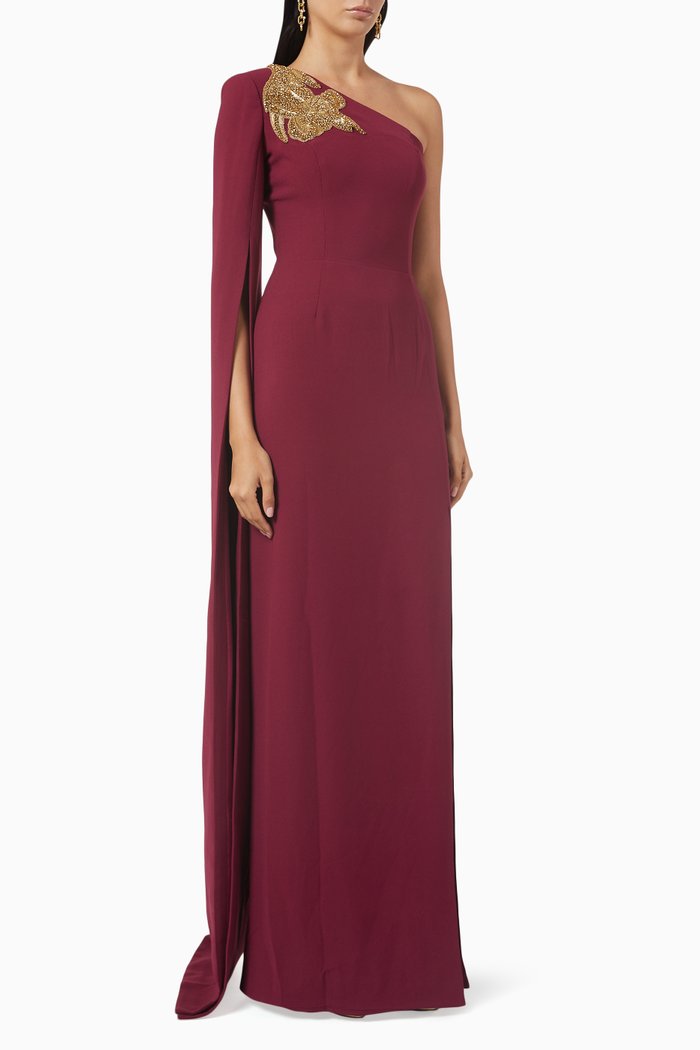 

One-shoulder Embellished Gown in Viscose Crepe, Purple