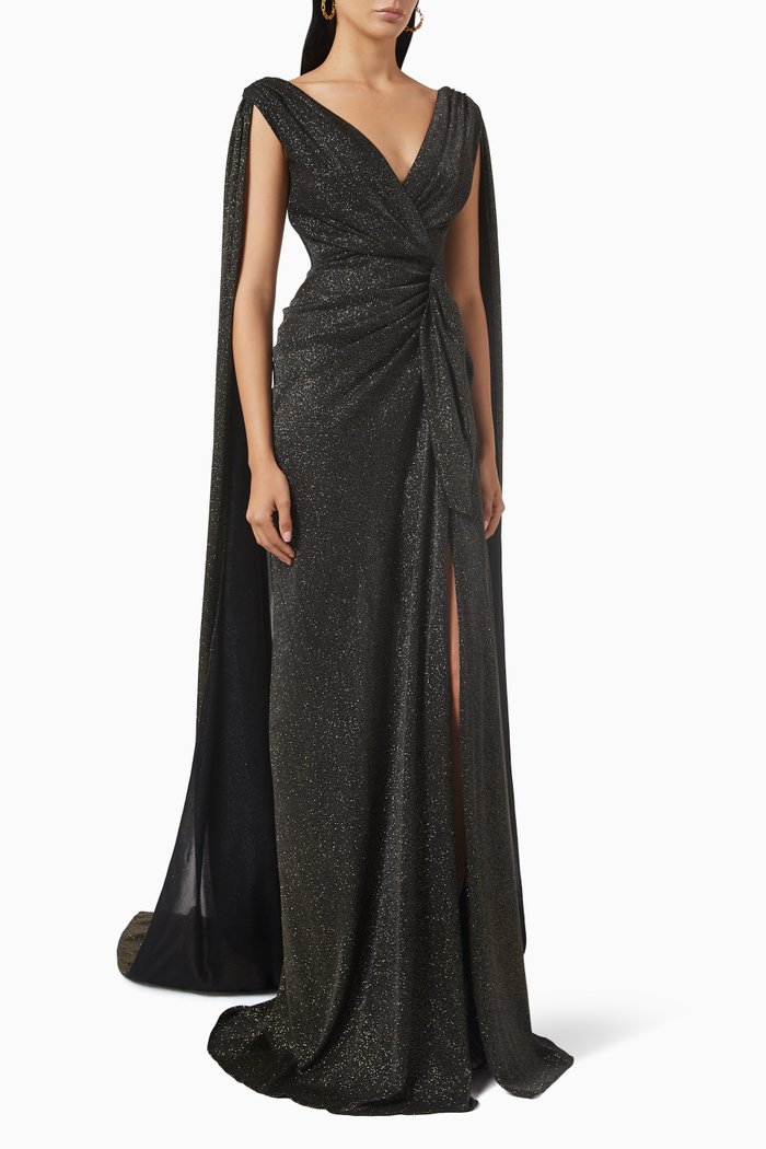 Cape Maxi Dress in Shimmering Fabric, Black