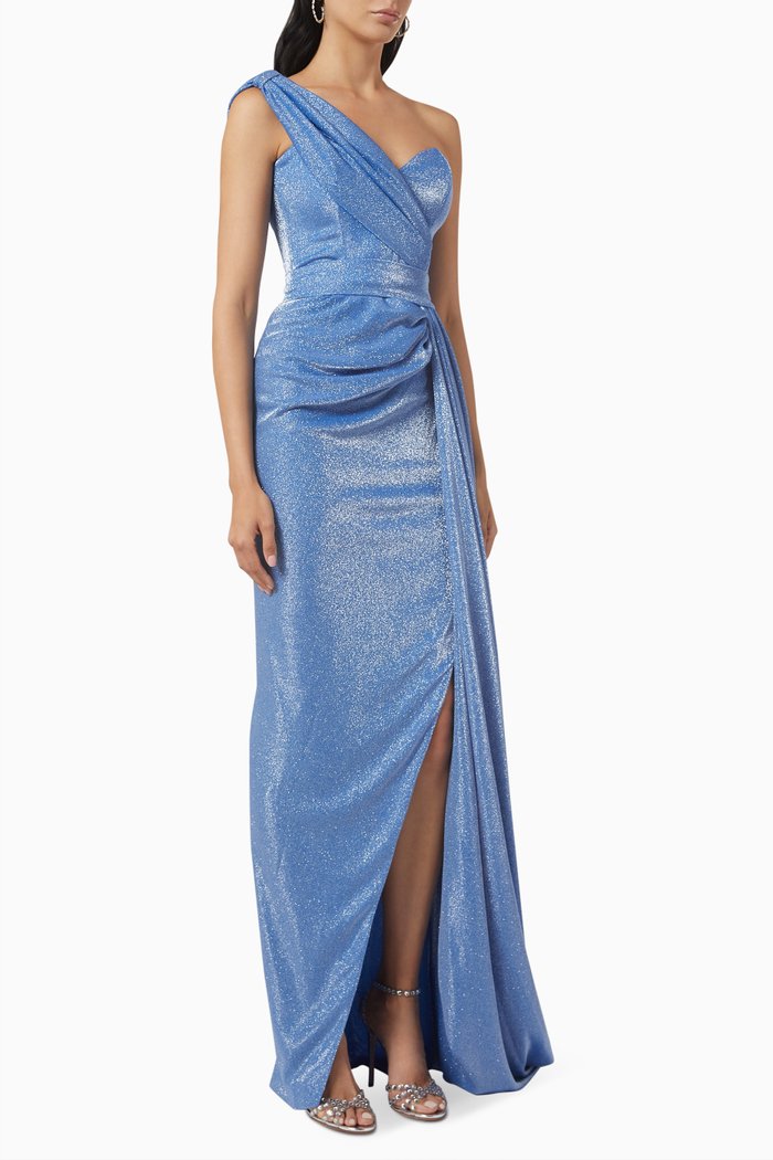 

One-Shoulder Draped Maxi Dress in Shiny Jersey, Blue